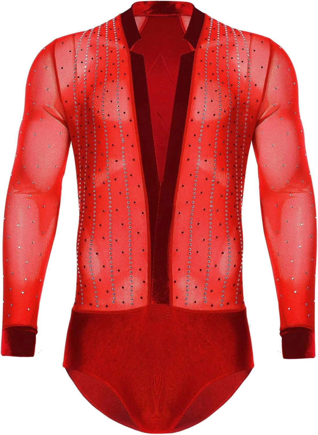 Men's Latin Dance Costume V Neck Shiny Bodysuit Cha Cha Rumba Samba Dancing Leotard Shirt