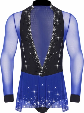 Men's Latin Dance Leotard Shiny Rhinestones Deep V-neck Bodysuit Ballroom Salsa Samba Tops