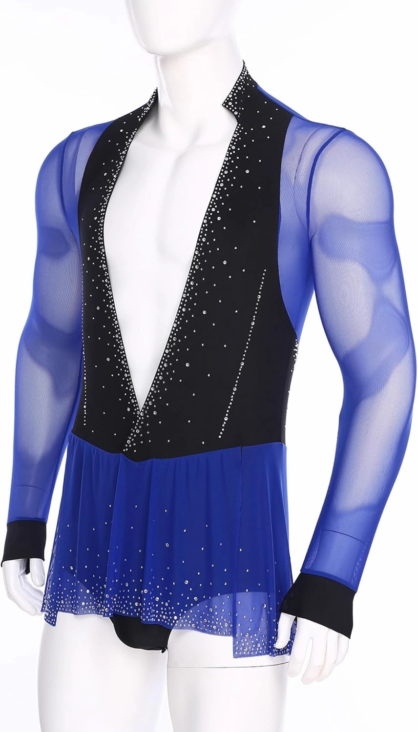 Men's Latin Dance Leotard Shiny Rhinestones Deep V-neck Bodysuit Ballroom Salsa Samba Tops