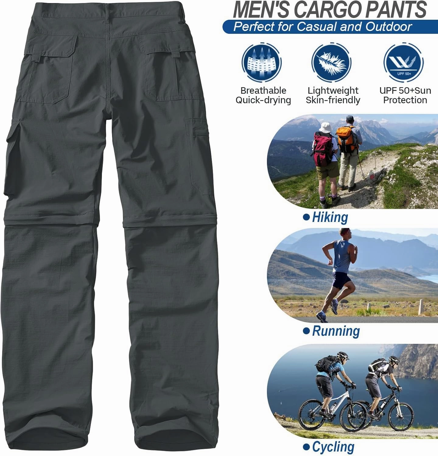 Men's Outdoor Quick Dry Convertible Lightweight Hiking Fishing Zip Off Safari Trousers