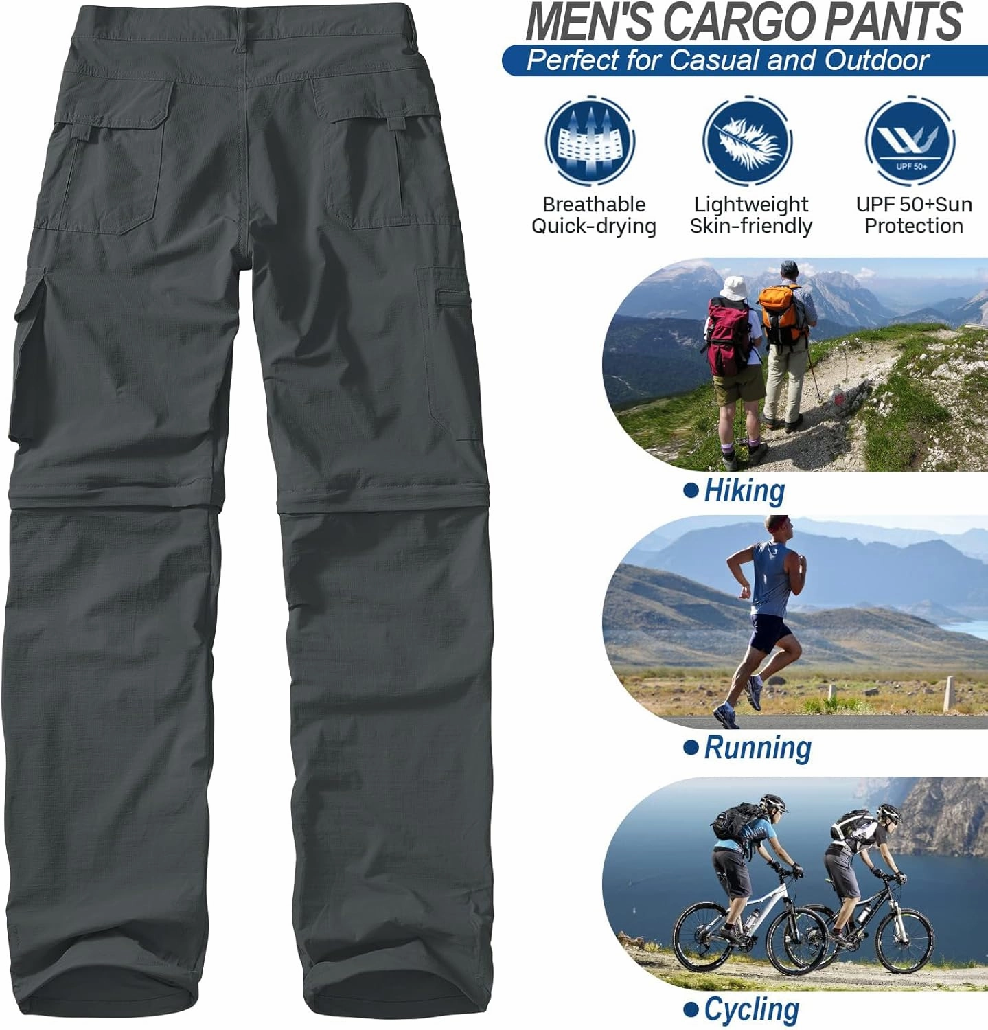 Men's Outdoor Quick Dry Convertible Lightweight Hiking Fishing Zip Off Safari Trousers