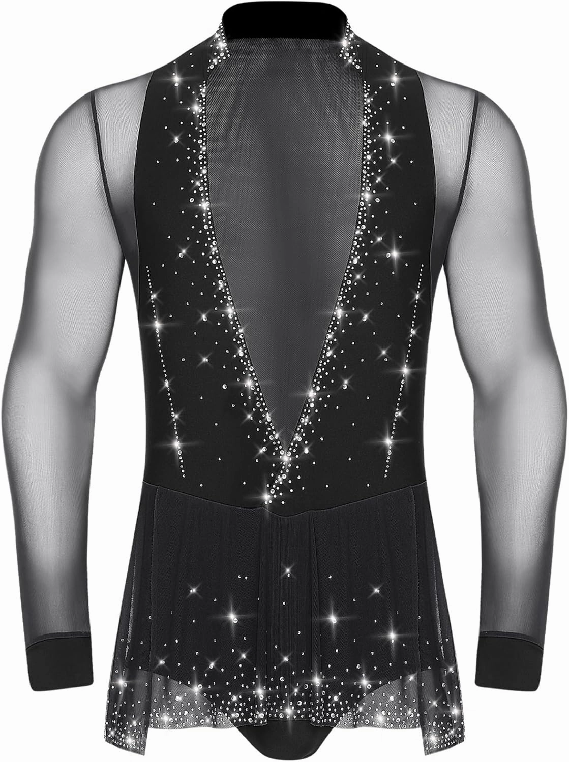 Men's Rhinestone Latin Dance Leotard Deep V Neck Sheer Mesh Ballroom Salsa Samba Dance Bodysuit