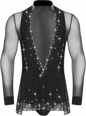 Men's Rhinestone Latin Dance Leotard Deep V Neck Sheer Mesh Ballroom Salsa Samba Dance Bodysuit