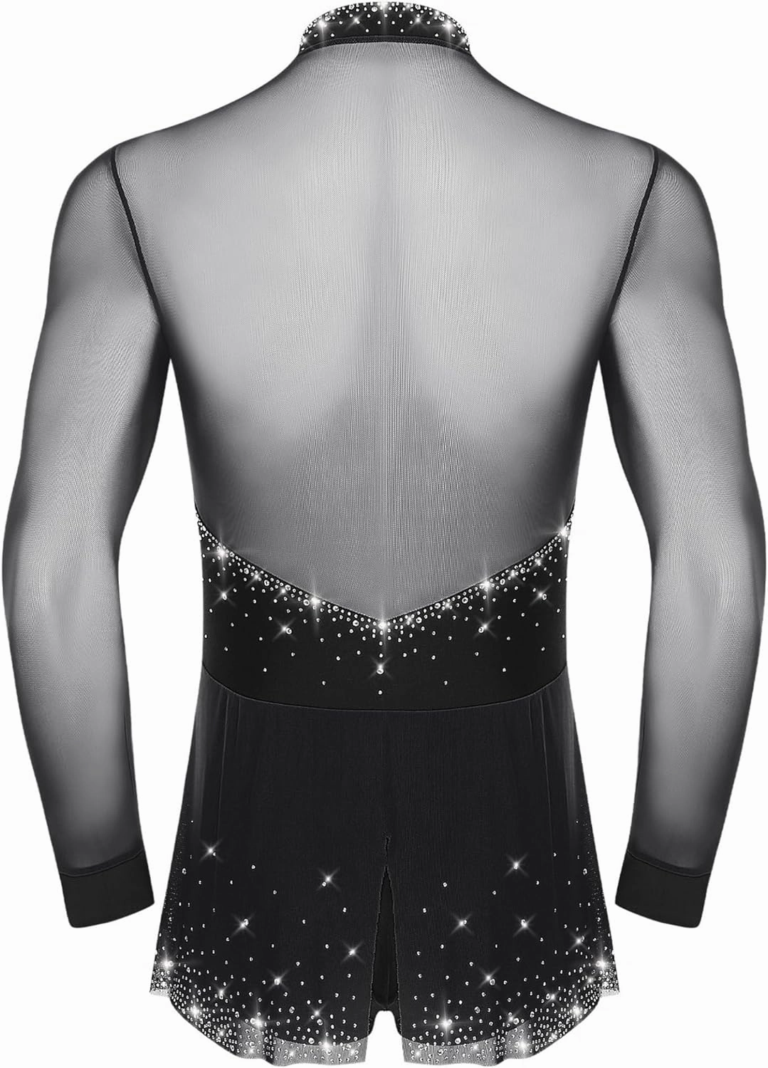 Men's Rhinestone Latin Dance Leotard Deep V Neck Sheer Mesh Ballroom Salsa Samba Dance Bodysuit