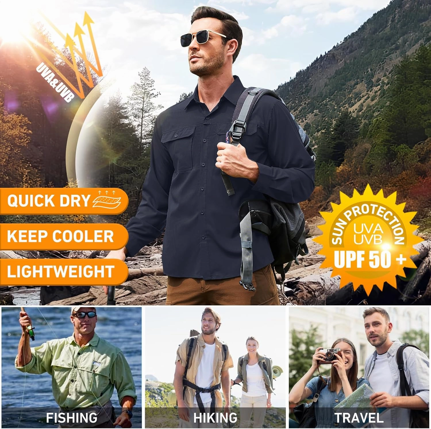Men's Safari Hiking UPF 50  UV Long Sleeve Work Shirt Lightweight Quick Dry Cooling Outdoor Sun Protection Fishing Shirts