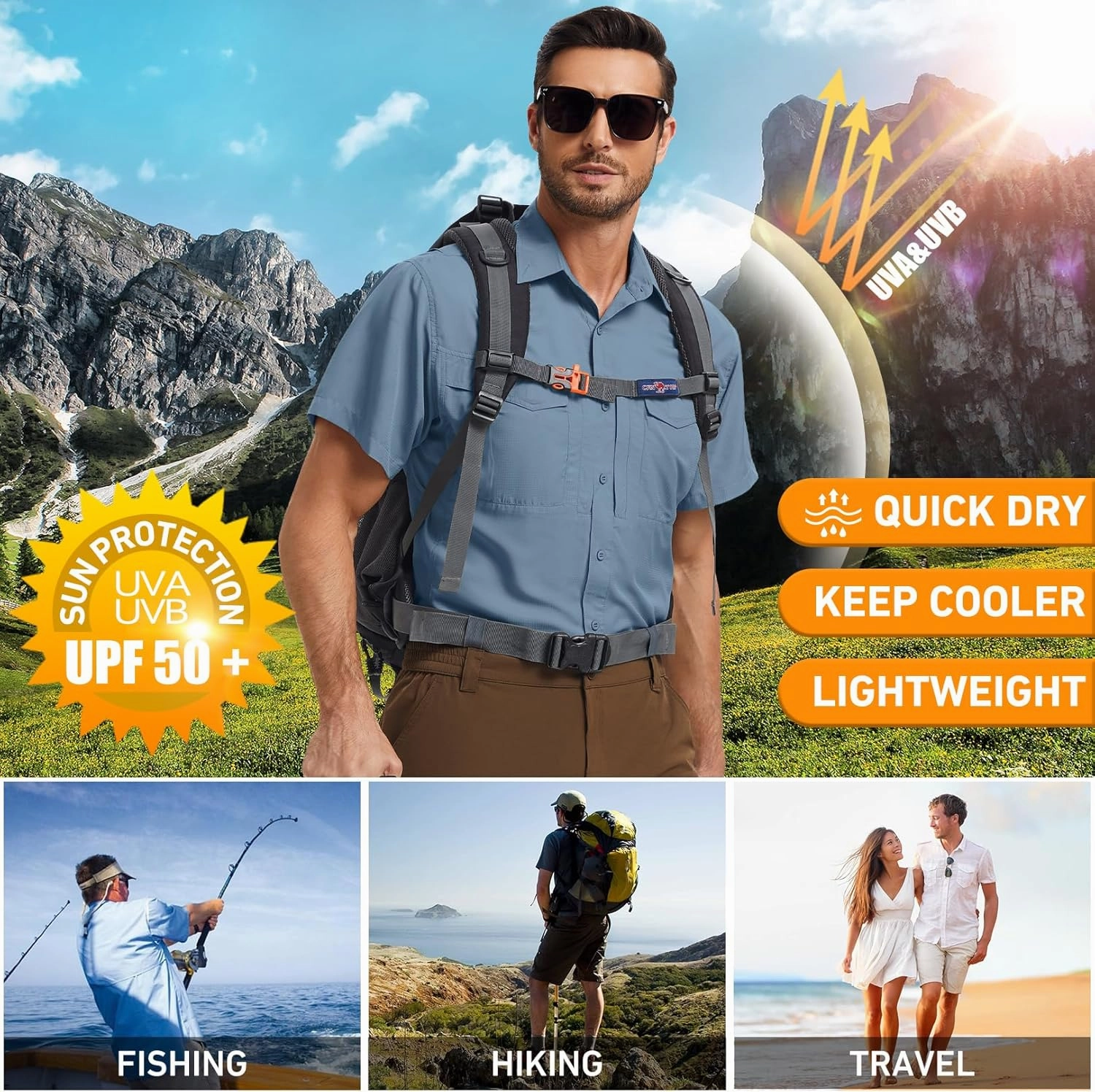 Men's Safari Hiking UPF 50  UV Short Sleeve Button Shirt Lightweight Cooling Quick Dry Outdoor Sun Protection Fishing Shirts