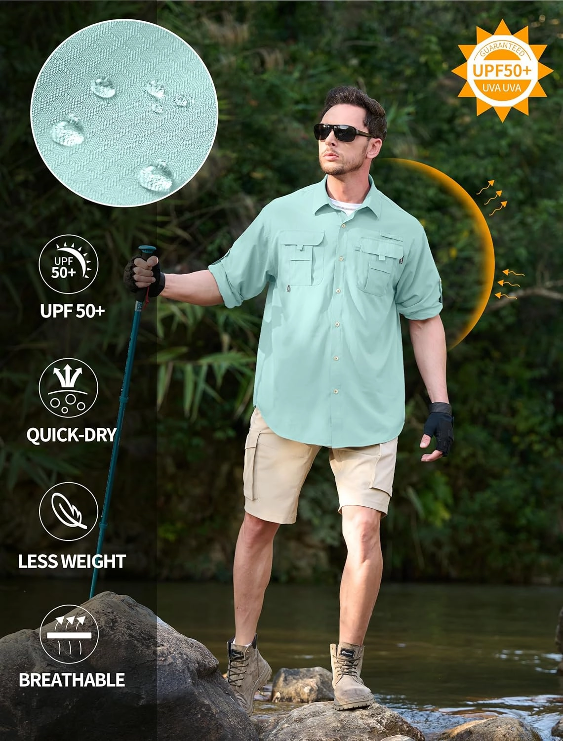 Men's Sun Protection Fishing Shirts Lightweight Long Sleeve UPF 50  Travel Work Hiking Shirts with Pockets
