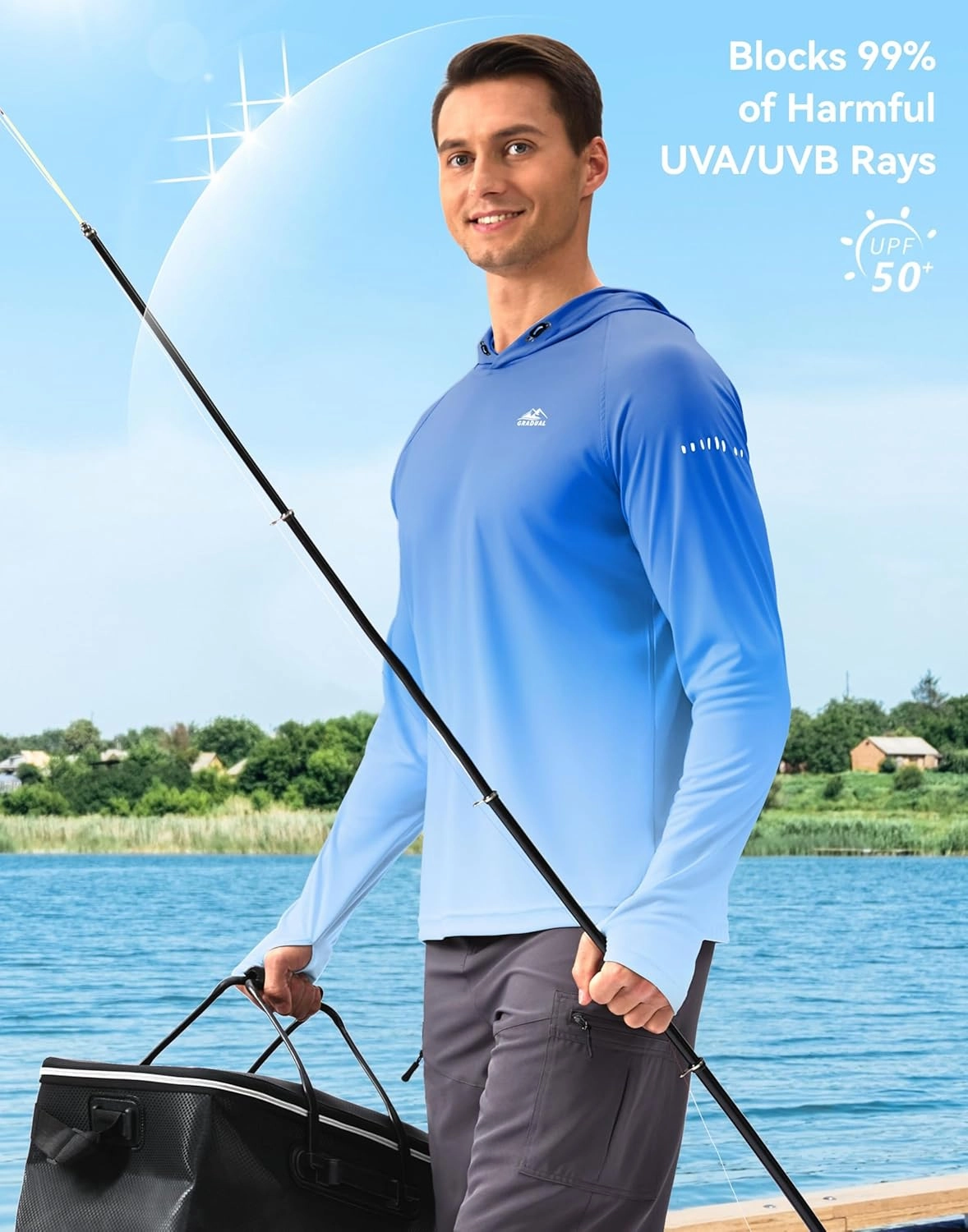 Men's Sun Protection Hoodie Shirt UPF 50  Long Sleeve Fishing Rash Guard UV SPF Summer Lightweight Hiking Shirt for Men