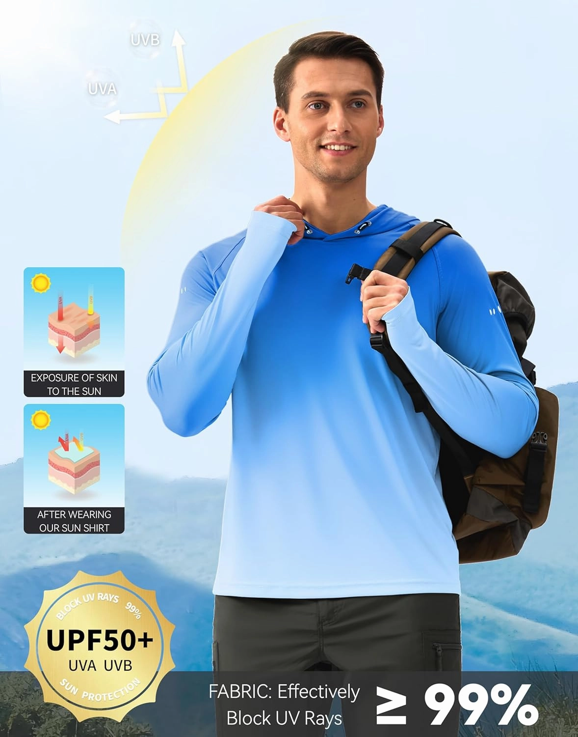 Men's Sun Protection Hoodie Shirt UPF 50  Long Sleeve Fishing Rash Guard UV SPF Summer Lightweight Hiking Shirt for Men