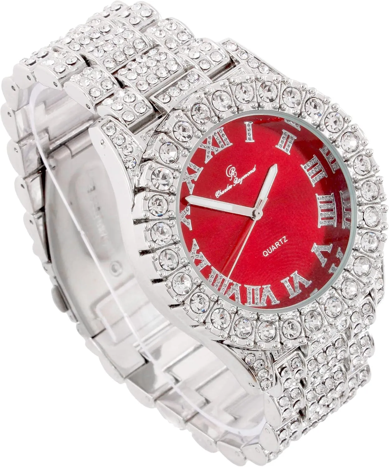 Mens Big Rocks Bezel - Dial with Roman Numerals Fully Iced Out Watch w/Cuban Chain Bracelet & Ring - ST10327 3pc Set