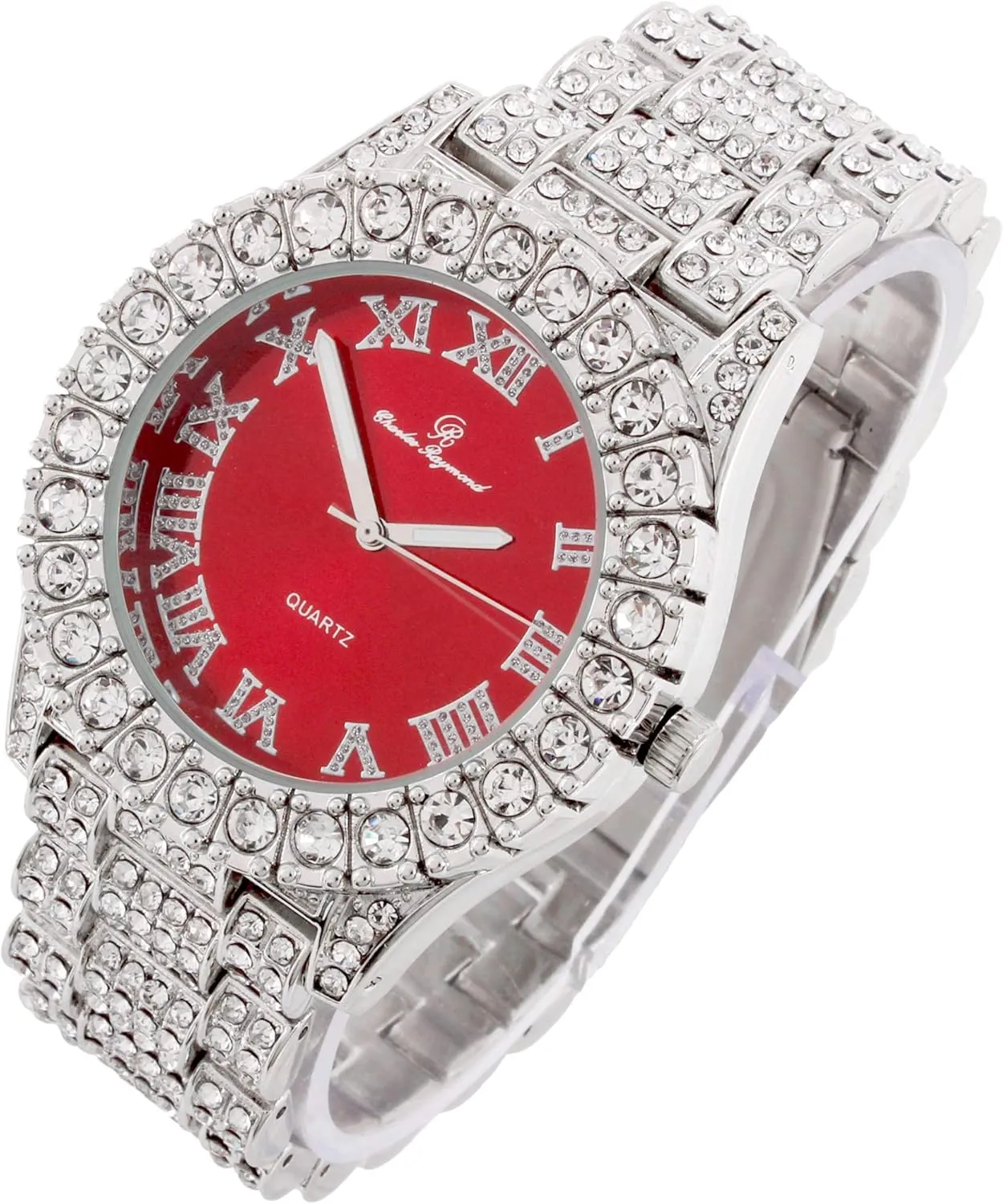 Mens Big Rocks Bezel - Dial with Roman Numerals Fully Iced Out Watch w/Cuban Chain Bracelet & Ring - ST10327 3pc Set