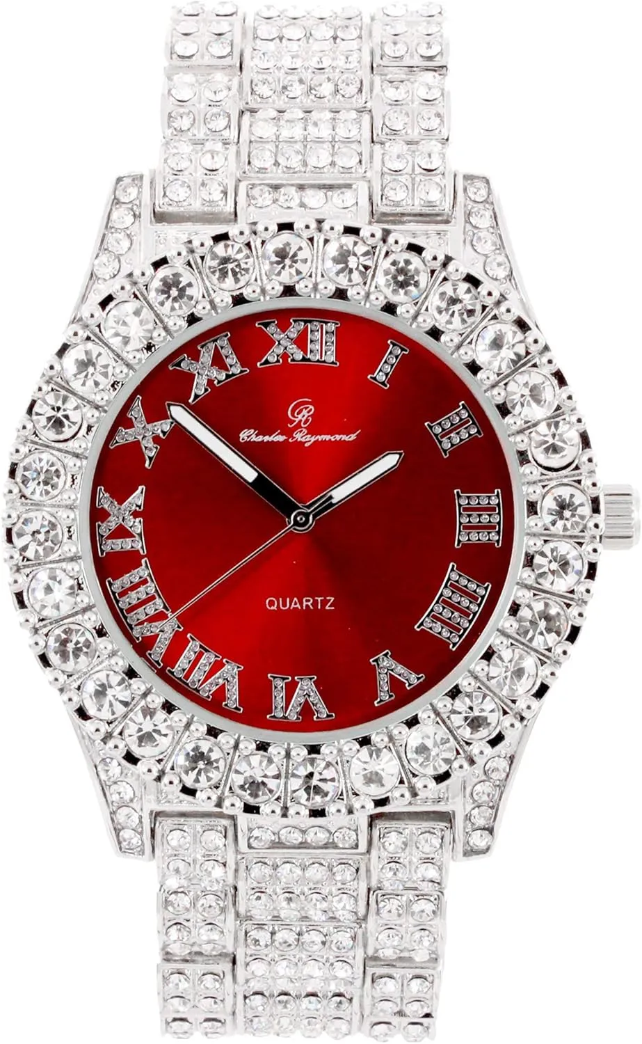 Mens Big Rocks Bezel - Dial with Roman Numerals Fully Iced Out Watch w/Cuban Chain Bracelet & Ring - ST10327 3pc Set