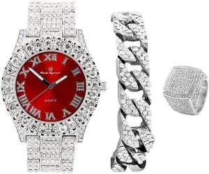 Mens Big Rocks Bezel - Dial with Roman Numerals Fully Iced Out Watch w/Cuban Chain Bracelet & Ring - ST10327 3pc Set