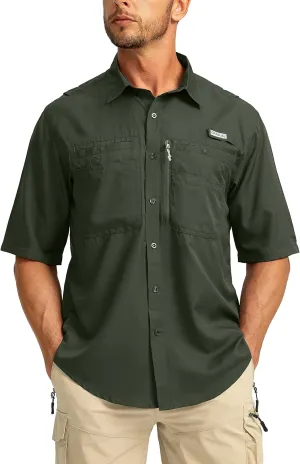 Men's Fishing Shirts with Zipper Pockets UPF 50  Lightweight Cool Short Sleeve Button Down Shirts for Men Casual Hiking