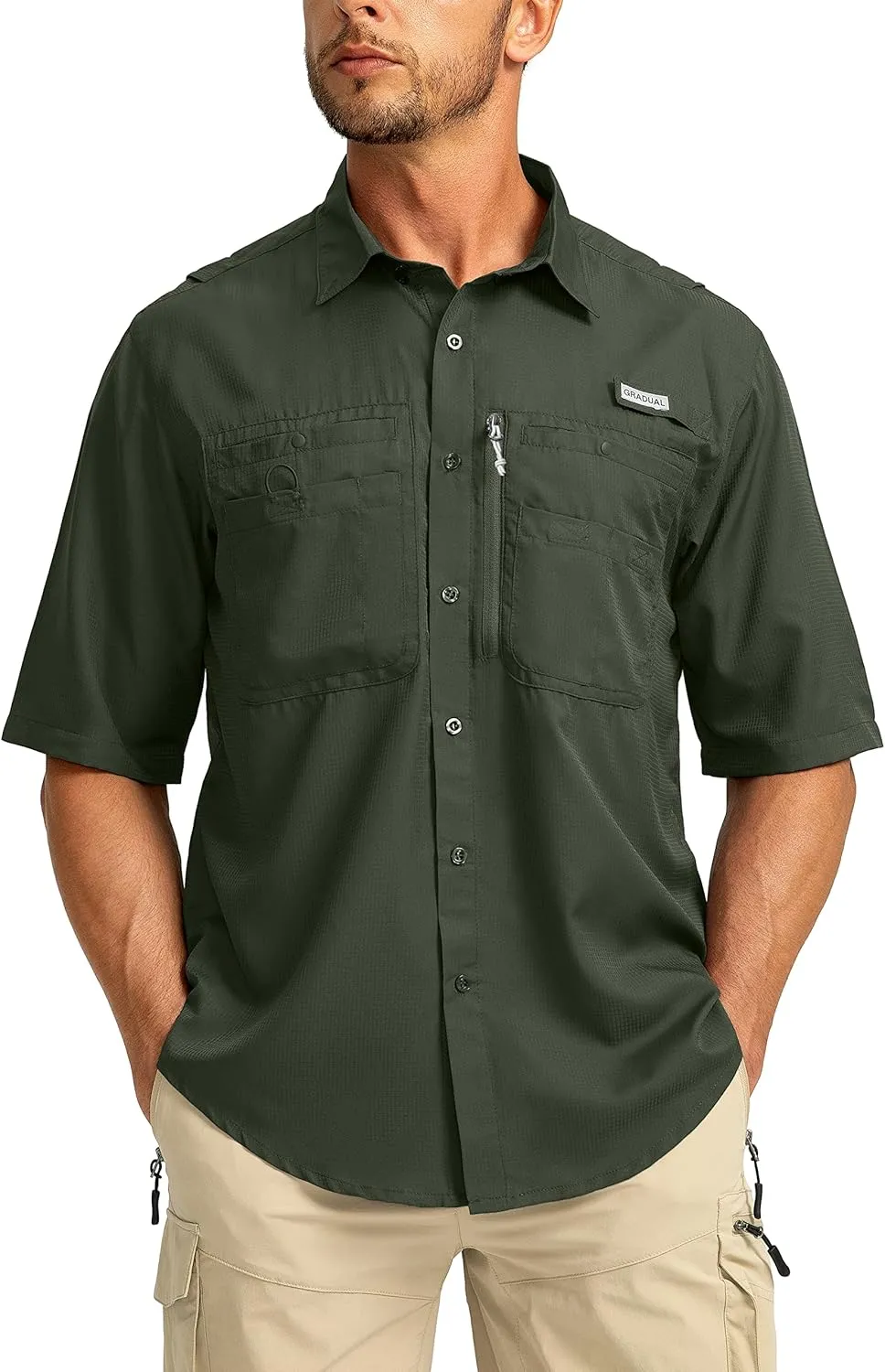 Men's Fishing Shirts with Zipper Pockets UPF 50  Lightweight Cool Short Sleeve Button Down Shirts for Men Casual Hiking