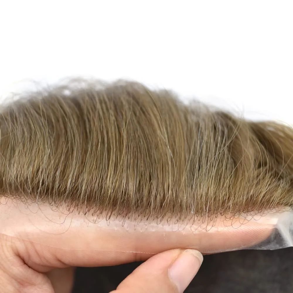 Mens Hair System Ultra Thin Skin Toupee For Men Transparent Super Thin Poly V-Looped Hair Piece For Men Toupee Protesis Capilar Para Hombre8x10#1710#17 DARK ASH BLONDE 10%GREY 90%Light density