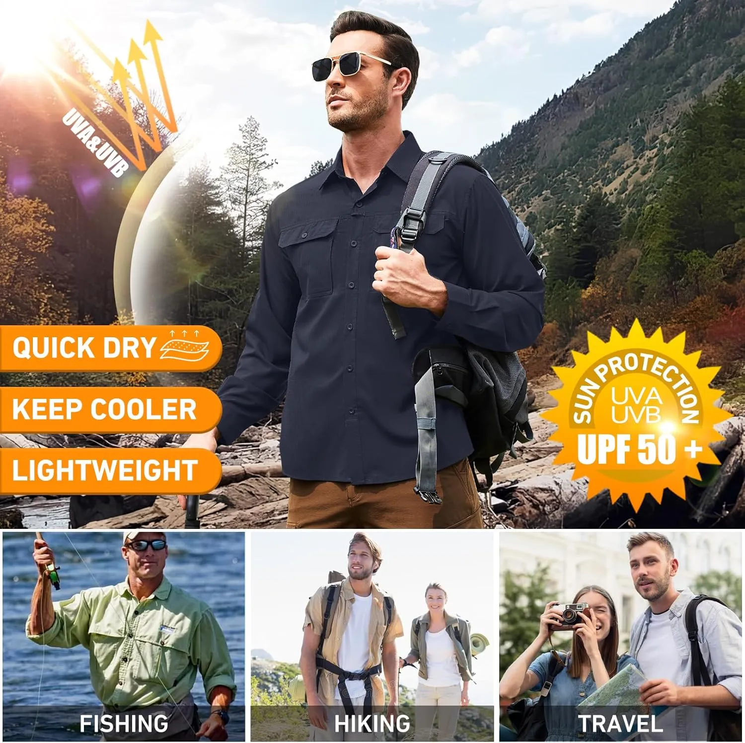 Men's Safari Hiking UPF 50  UV Long Sleeve Work Shirt Lightweight Quick Dry Cooling Outdoor Sun Protection Fishing Shirts