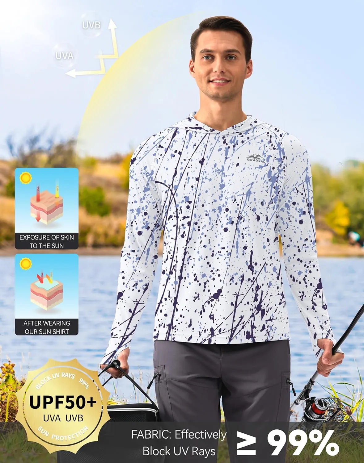Men's Sun Protection Hoodie Shirt UPF 50  Long Sleeve Fishing Rash Guard UV SPF Summer Lightweight Hiking Shirt for Men