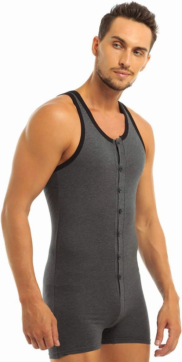 Mens Cotton Sleeveless Front Button One Piece Stretch Teddy Leotard Bodysuits