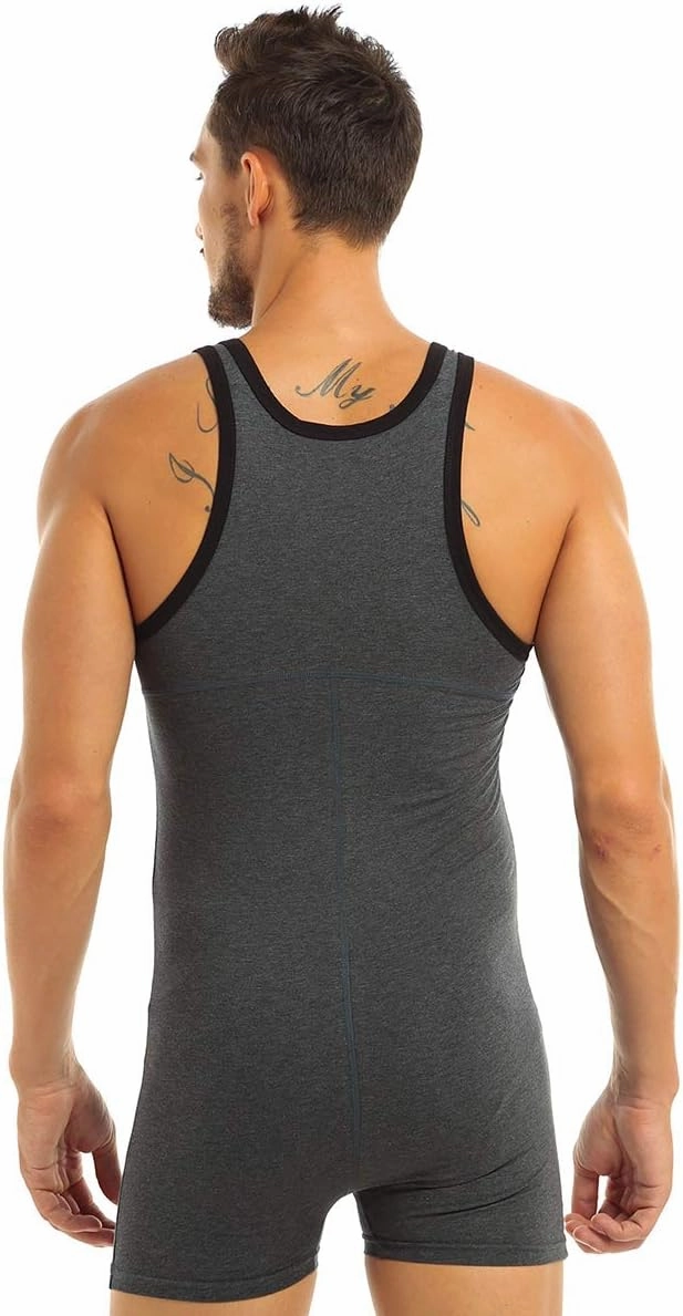 Mens Cotton Sleeveless Front Button One Piece Stretch Teddy Leotard Bodysuits