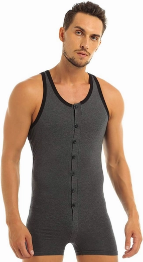 Mens Cotton Sleeveless Front Button One Piece Stretch Teddy Leotard Bodysuits