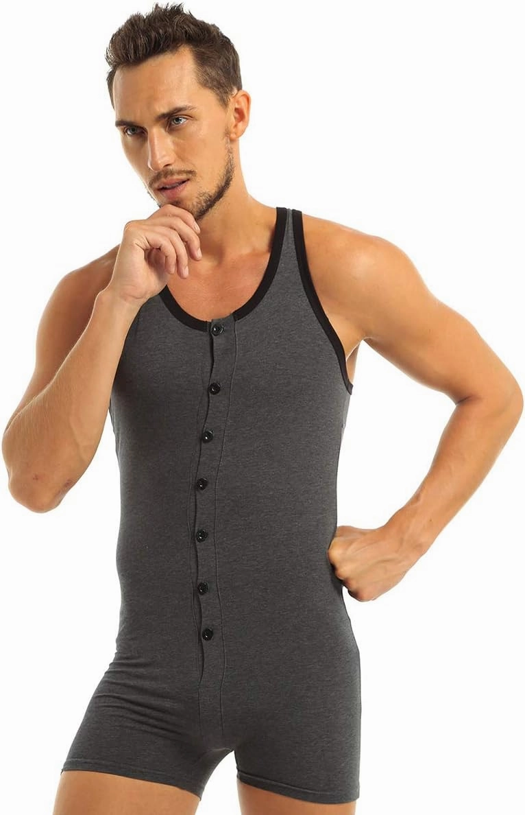 Mens Cotton Sleeveless Front Button One Piece Stretch Teddy Leotard Bodysuits