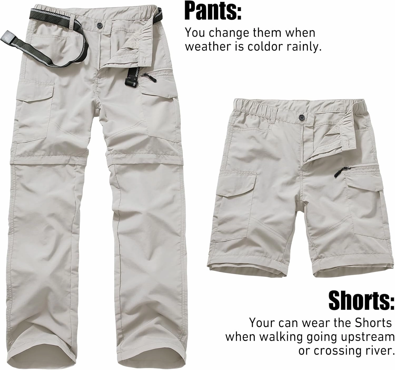 Mens Hiking Convertible Pants Quick Dry Zip Off Lightweight Cargo Fishing Work Pants Trousers with Belt