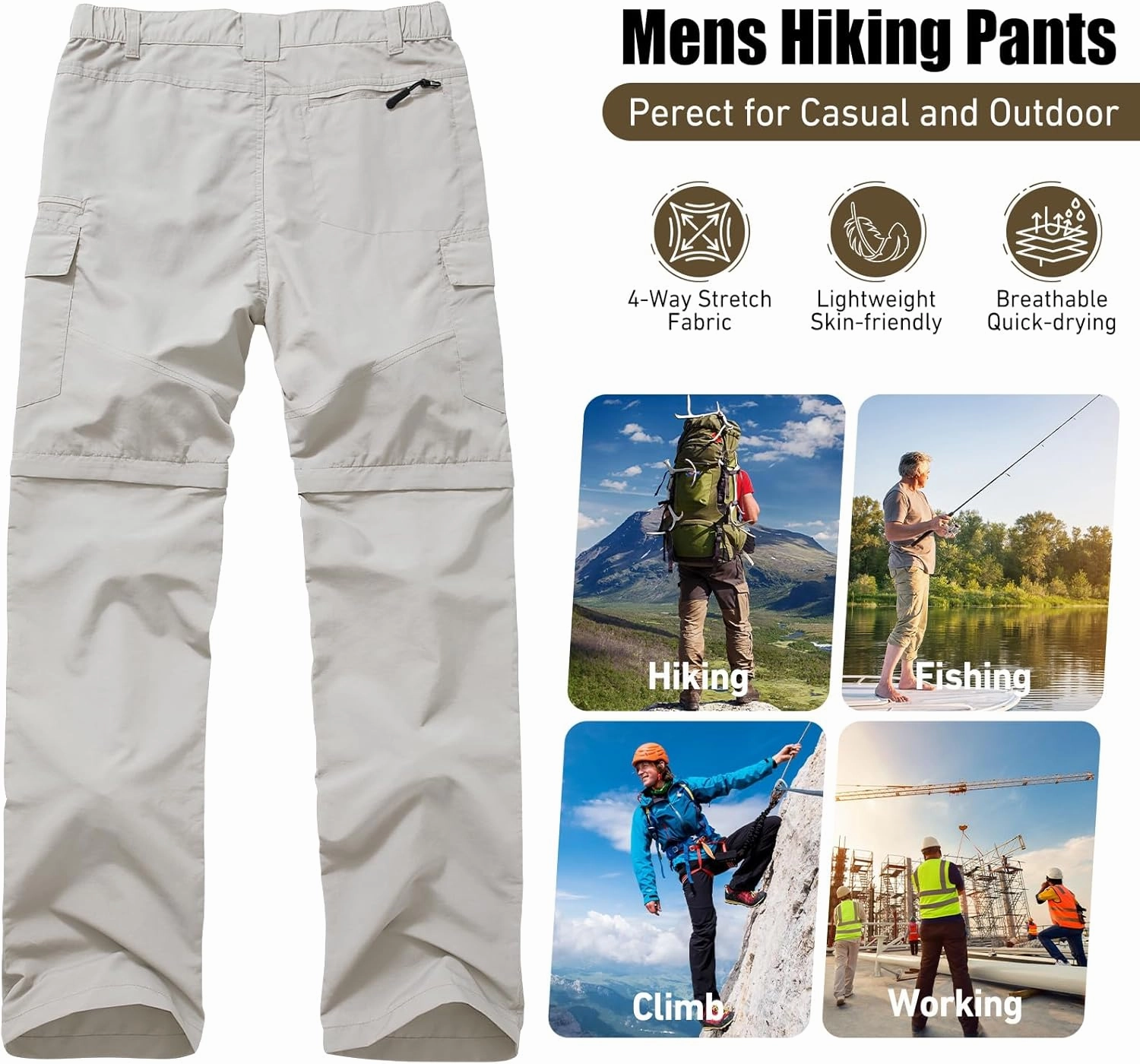 Mens Hiking Convertible Pants Quick Dry Zip Off Lightweight Cargo Fishing Work Pants Trousers with Belt