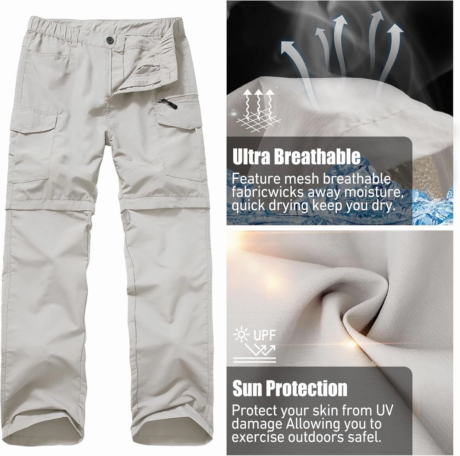Mens Hiking Convertible Pants Quick Dry Zip Off Lightweight Cargo Fishing Work Pants Trousers with Belt