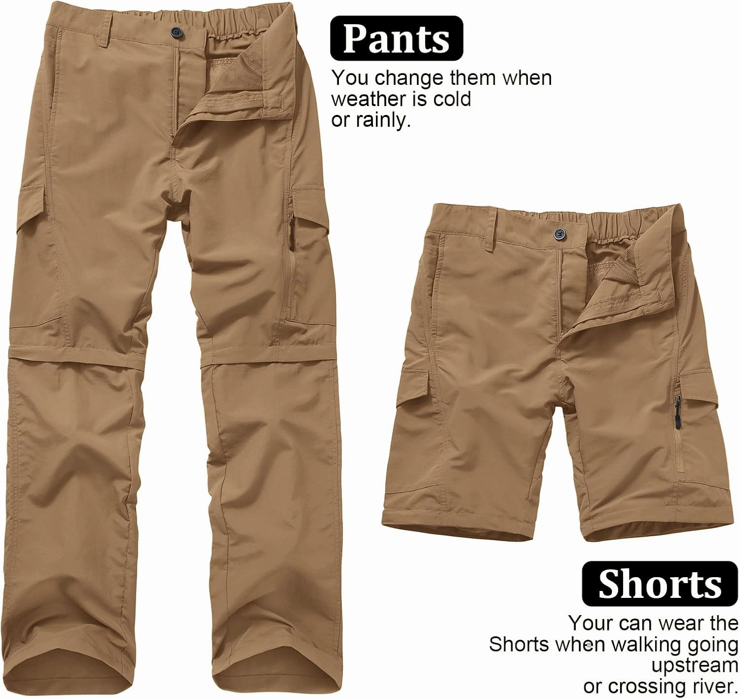 Mens Hiking Pants Quick Dry Lightweight Fishing Convertible Zip Off Safari Trousers