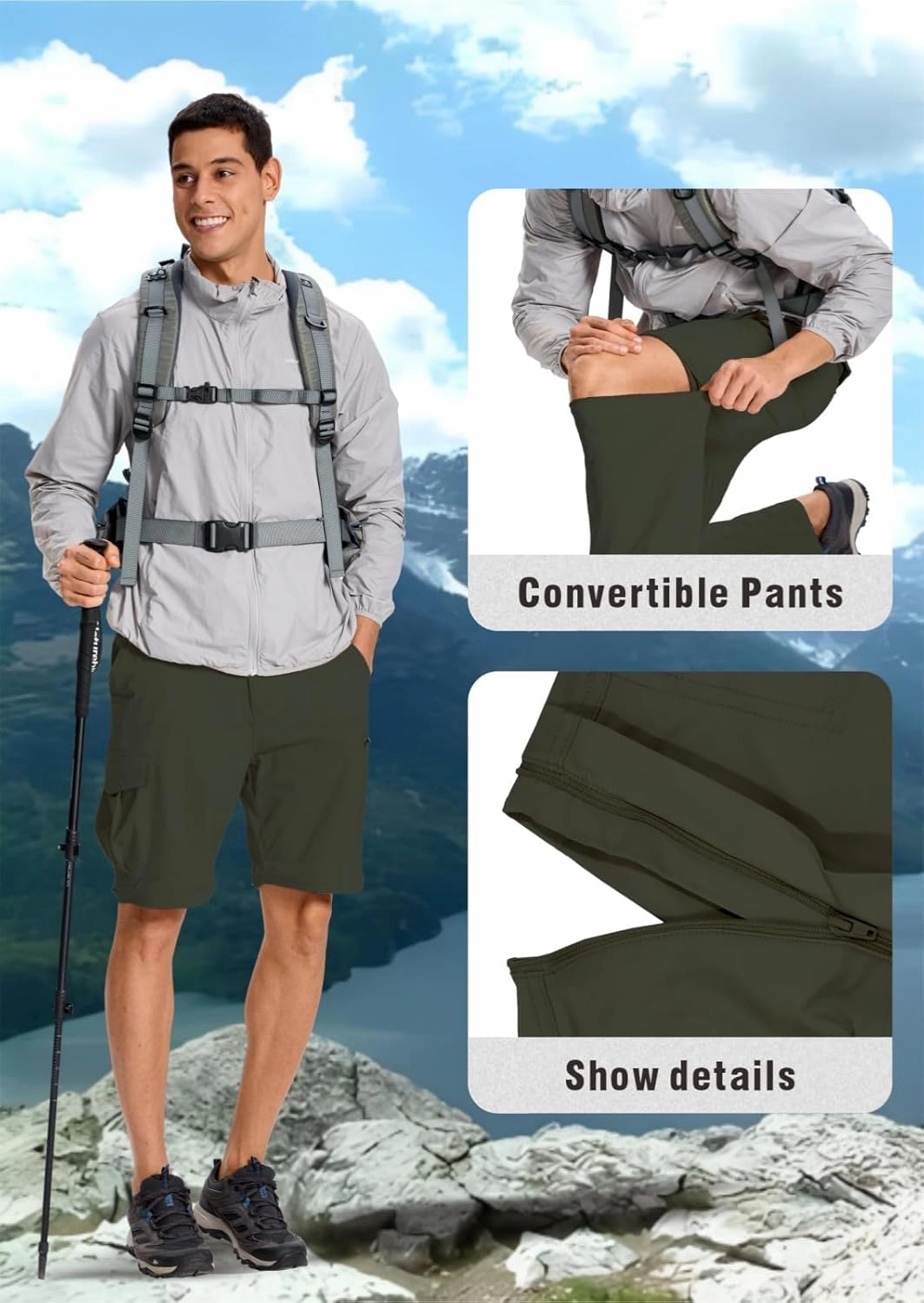 Mens Outdoor Hiking Pants Convertible Lightweight Water Resistant Quick Dry Zip Off Fishing Travel Camping Tactical Pants