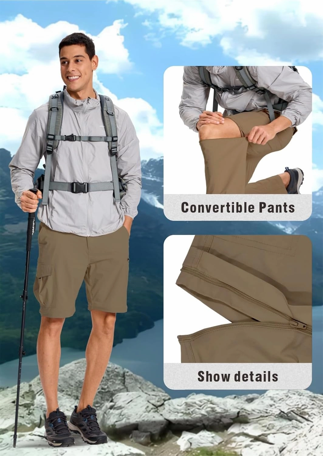 Mens Outdoor Hiking Pants Convertible Lightweight Water Resistant Quick Dry Zip Off Fishing Travel Camping Tactical Pants