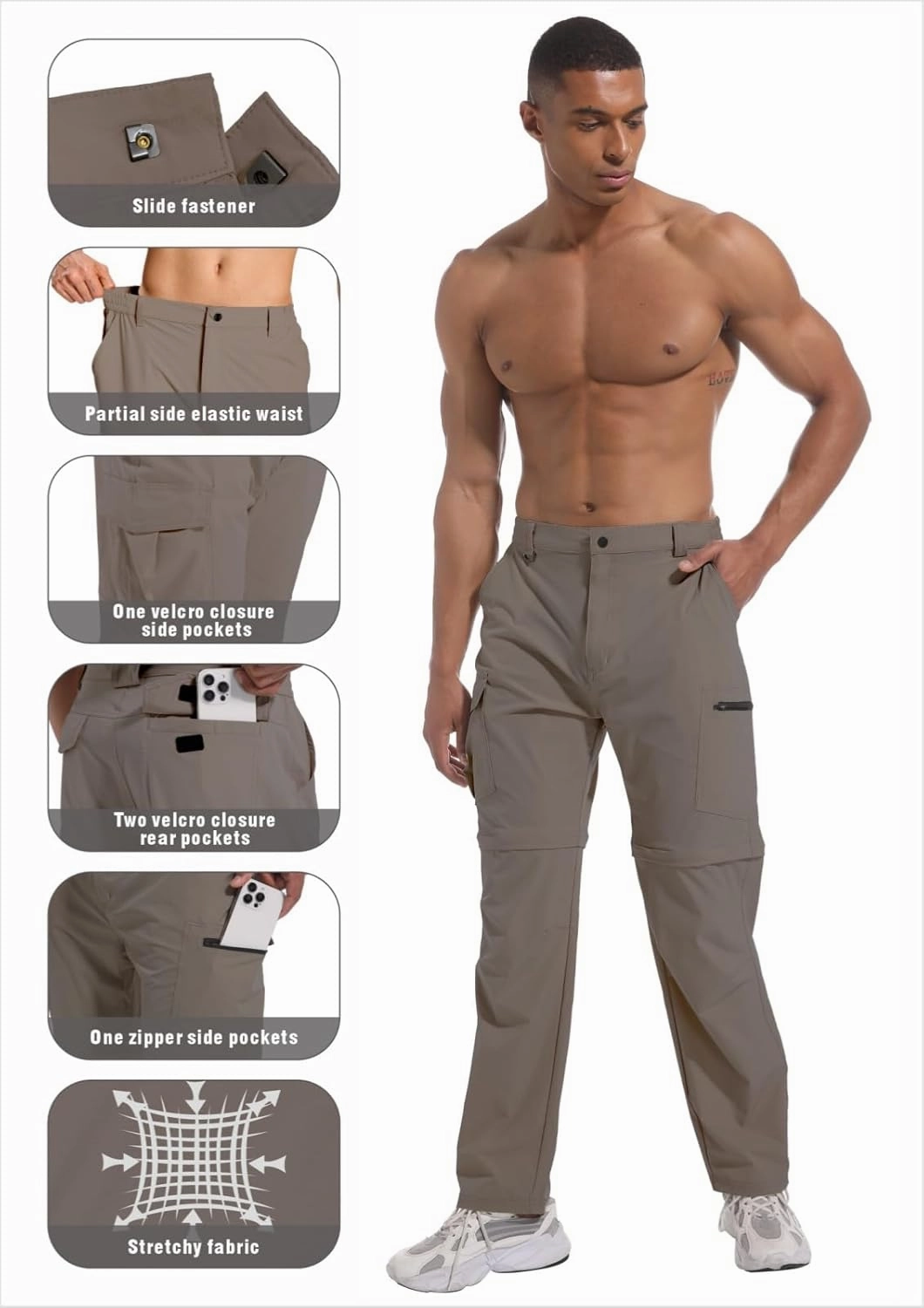 Mens Outdoor Hiking Pants Convertible Lightweight Water Resistant Quick Dry Zip Off Fishing Travel Camping Tactical Pants