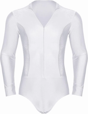 Mens Shiny Rhinestone Latin Dance Leotard Long Sleeve Ballroom Samba Dance Costume