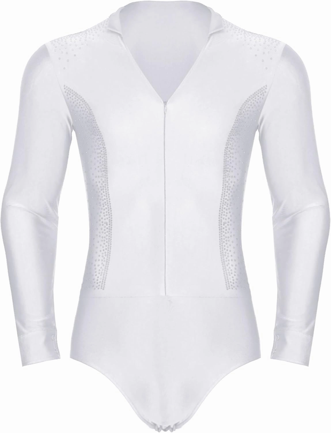 Mens Shiny Rhinestone Latin Dance Leotard Long Sleeve Ballroom Samba Dance Costume