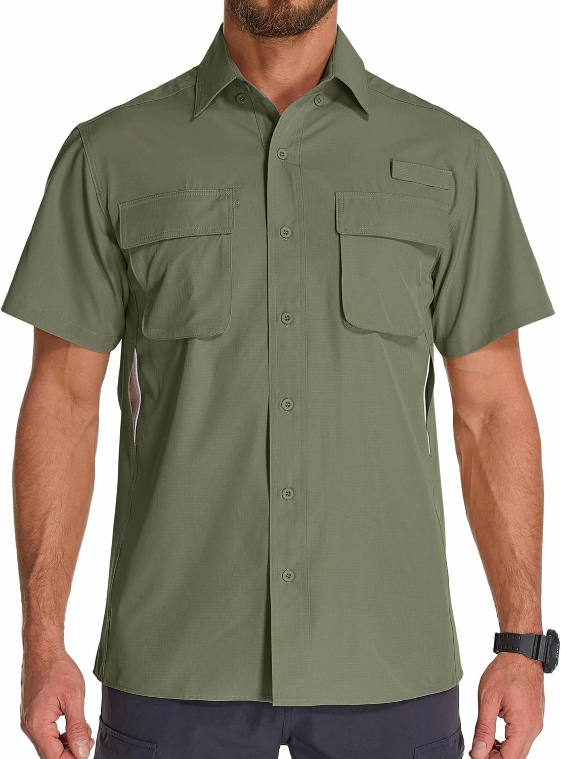 Mens UPF 50  Sun Protection Short Sleeve Quick Dry Fishing Safari Hiking Shirt with Zipper Pocket Lightweight Cooling