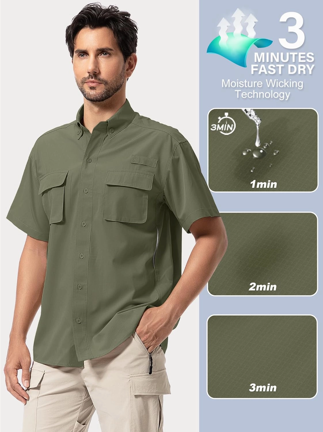 Mens UPF 50  Sun Protection Short Sleeve Quick Dry Fishing Safari Hiking Shirt with Zipper Pocket Lightweight Cooling