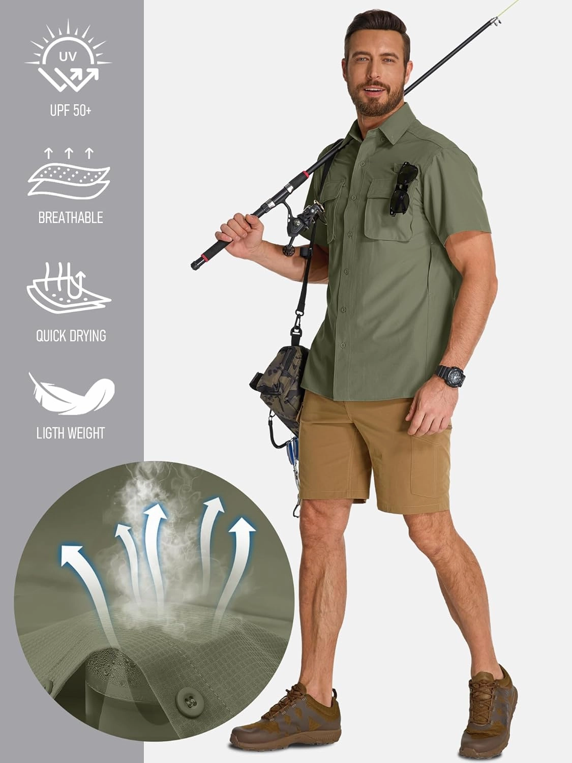 Mens UPF 50  Sun Protection Short Sleeve Quick Dry Fishing Safari Hiking Shirt with Zipper Pocket Lightweight Cooling