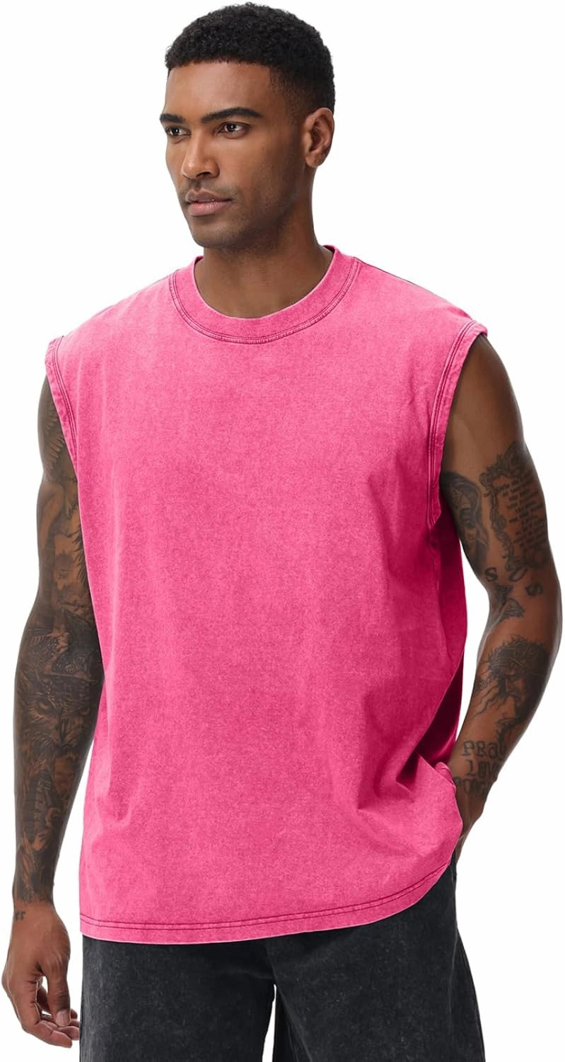 Mens Workout Tank Tops Sleeveless Tee Shirts Men Muscle Shirt Gym Acid Wash T Shirts Running Beach Loose Fit Tee