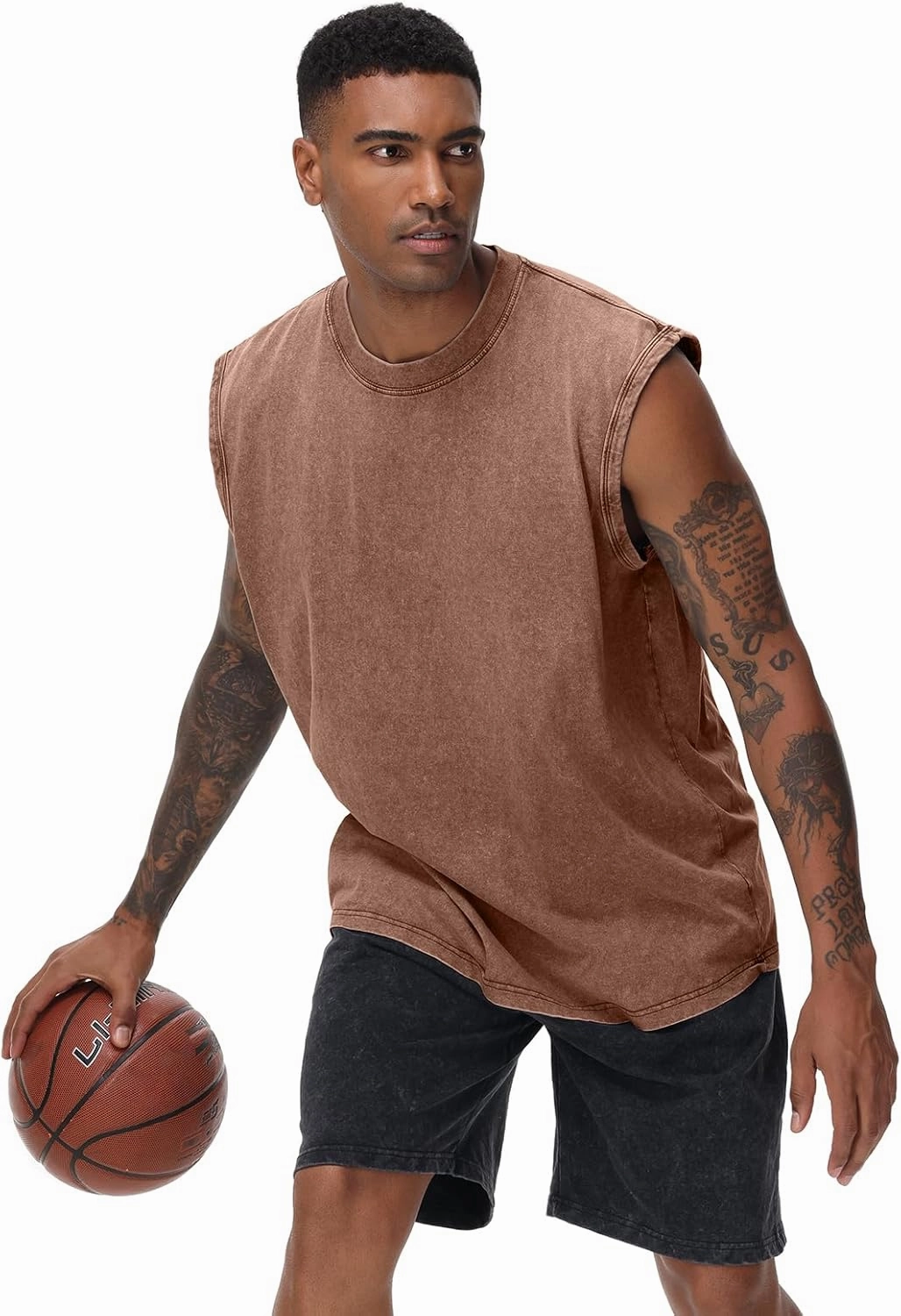 Mens Workout Tank Tops Sleeveless Tee Shirts Men Muscle Shirt Gym Acid Wash T Shirts Running Beach Loose Fit Tee