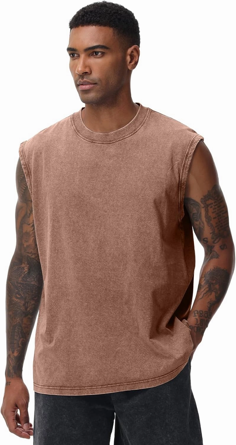 Mens Workout Tank Tops Sleeveless Tee Shirts Men Muscle Shirt Gym Acid Wash T Shirts Running Beach Loose Fit Tee