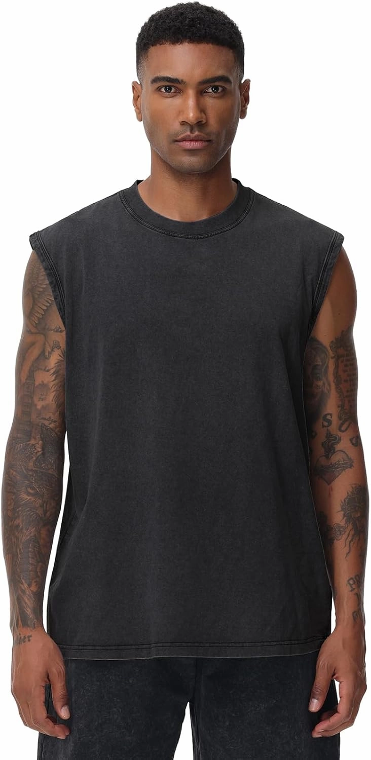 Mens Workout Tank Tops Sleeveless Tee Shirts Men Muscle Shirt Gym Acid Wash T Shirts Running Beach Loose Fit Tee