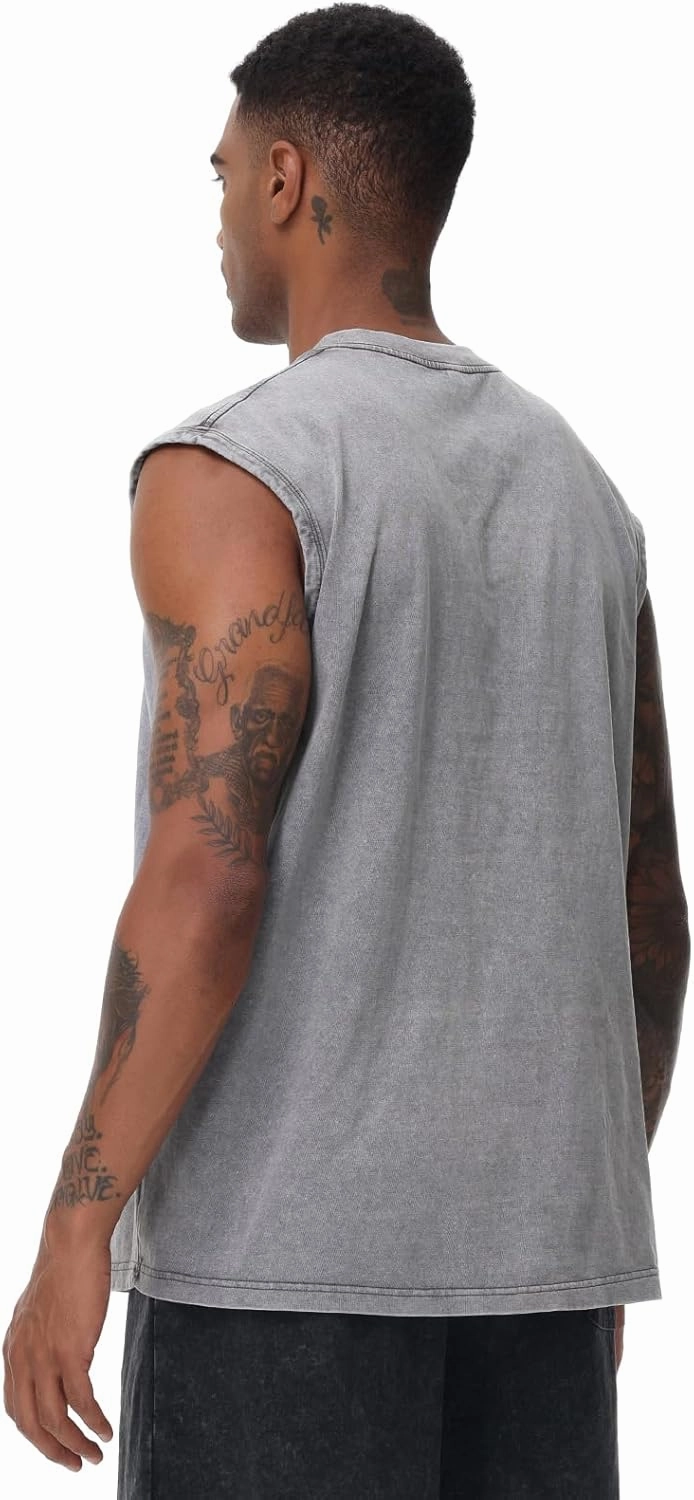 Mens Workout Tank Tops Sleeveless Tee Shirts Men Muscle Shirt Gym Acid Wash T Shirts Running Beach Loose Fit Tee