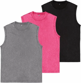Mens Workout Tank Tops Sleeveless Tee Shirts Men Muscle Shirt Gym Acid Wash T Shirts Running Beach Loose Fit Tee