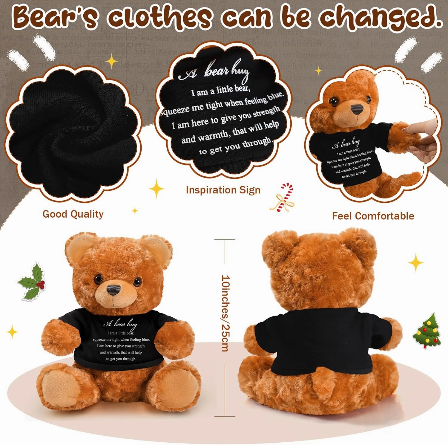 Meooeck Bear Plush Stuffed Animal Sympathy Gift with a Bear Hug Sign Clothing Hug Gift for Kids Condolences Memorial Comfort Loss of Loved One(Brown, Black)