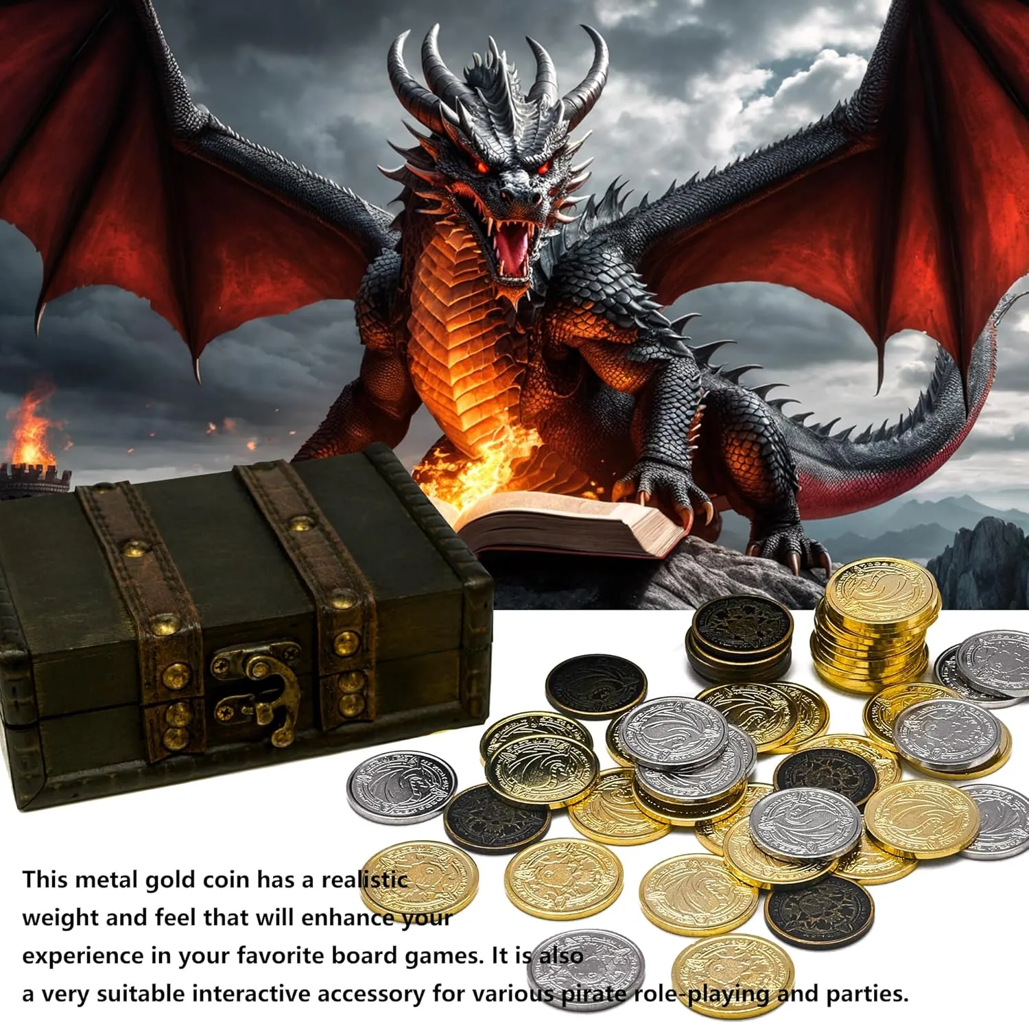 Metal Pirate Coins, 50 Pieces Lots of Toys Gold Coins for Board,for DND Props Accessories, Treasures and Treasure chests Fantasy Dragon Coinsfor RPG Tablelap