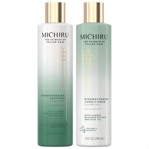 Michiru Strengthening Shampoo, Sulfate-Free & Conditioner, Silicone-Free – Japanese Hair Care, Scalp Treatment with Cherry Blossom Extract and Rice Oil, 9 Oz Each (2 Piece Set)