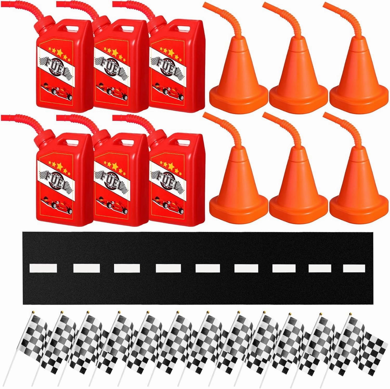 Mifoci 25 Pcs Racing Birthday Party Supplies Include 6 Fuel Race Cups 6 Cone Cups 12 Checkered Flags and Racetrack Floor Runner Race Theme Party Decorations for Racing