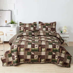 MINCHI Lodge Bedspread Full/Queen Size with 2 Shams Moose Bear Lightweight Reversible Rustic Cabin Quilt Set All Season Forest Tree Bedding Plaid Bed Set Coverlet(Brown,Plaid)