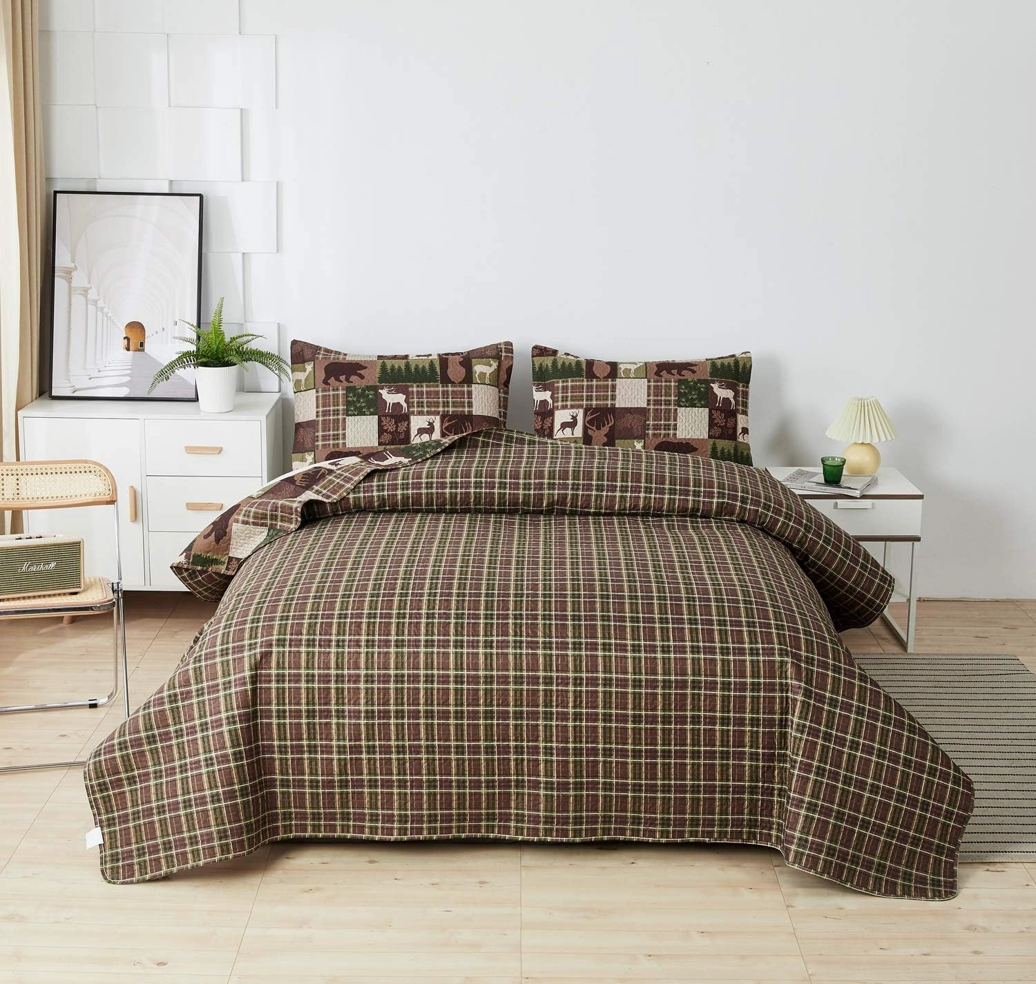 MINCHI Lodge Bedspread Full/Queen Size with 2 Shams Moose Bear Lightweight Reversible Rustic Cabin Quilt Set All Season Forest Tree Bedding Plaid Bed Set Coverlet(Brown,Plaid)